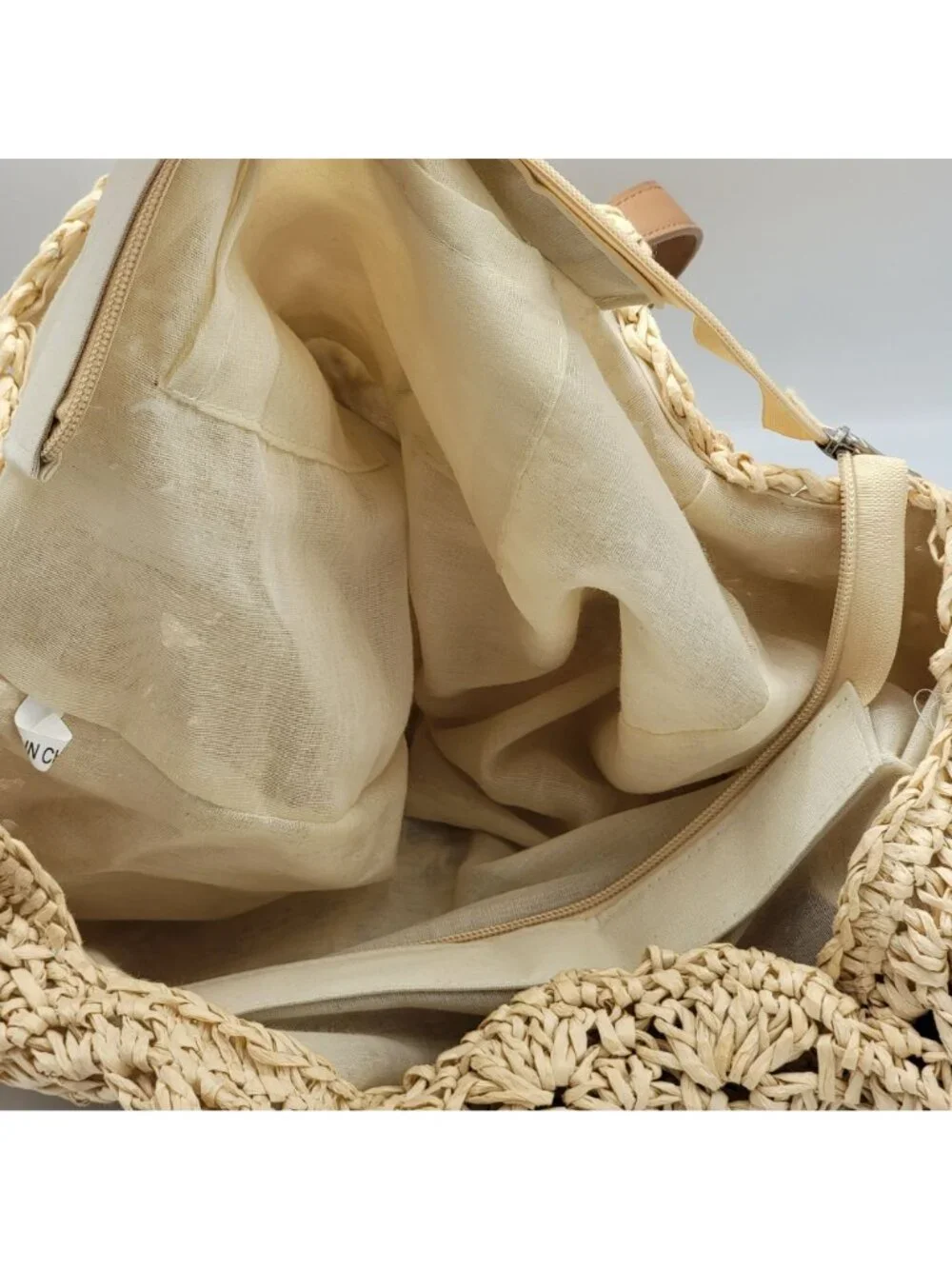 Boho Woven Straw Tote Bag With Faux Leather Straps And Zippered - Picture 8 of 13